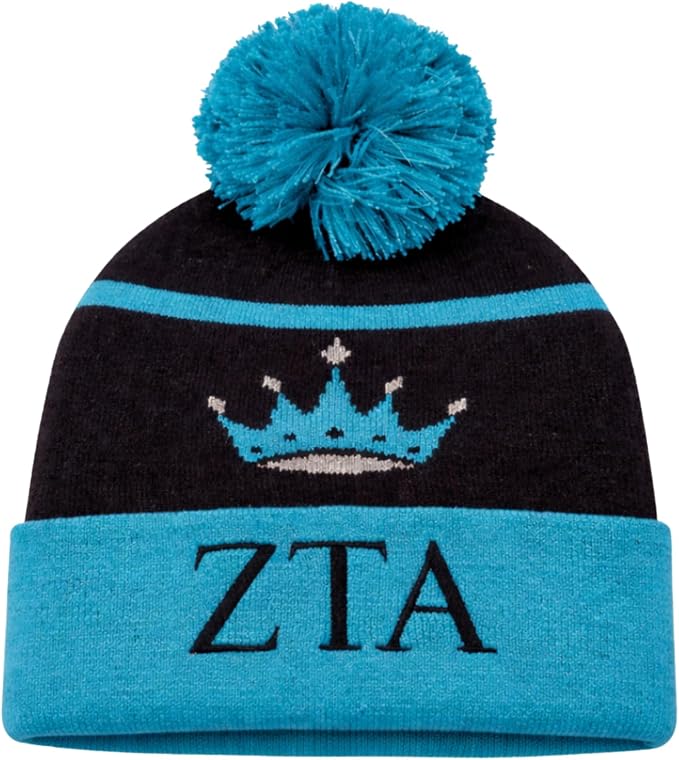 Zeta Tau Alpha  Winter Beanie with Pom Pom, Black and Teal Striped Knit Hat