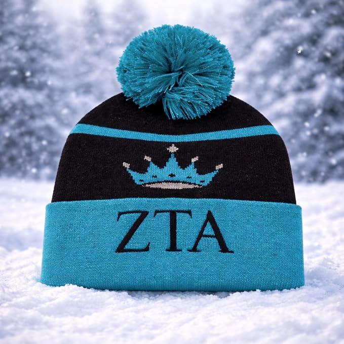 Zeta Tau Alpha  Winter Beanie with Pom Pom, Black and Teal Striped Knit Hat