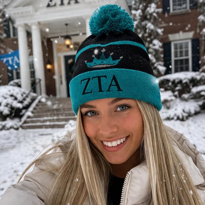Zeta Tau Alpha  Winter Beanie with Pom Pom, Black and Teal Striped Knit Hat