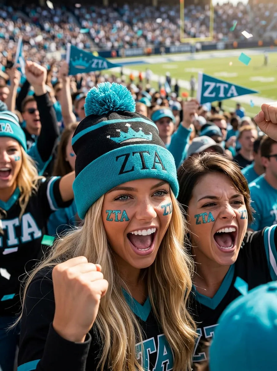 Zeta Tau Alpha  Winter Beanie with Pom Pom, Black and Teal Striped Knit Hat